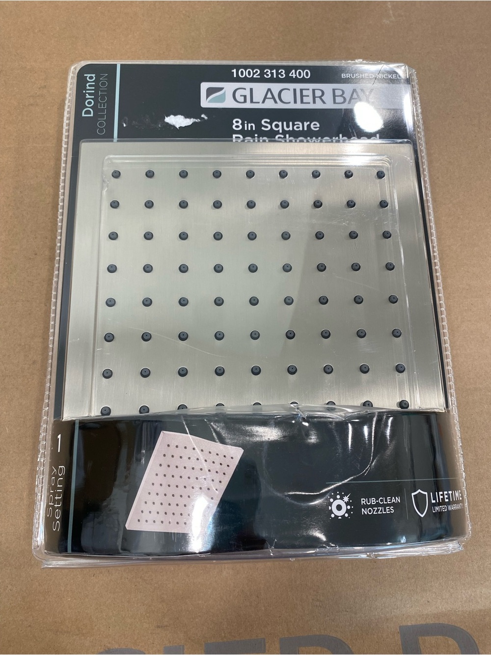 New Glacier Bay 8in Square Rain Shower Head - Brushed Nickel